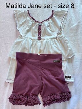 Matilda Jane White Top with Mauve Trim & Mauve Ruffle Shorts